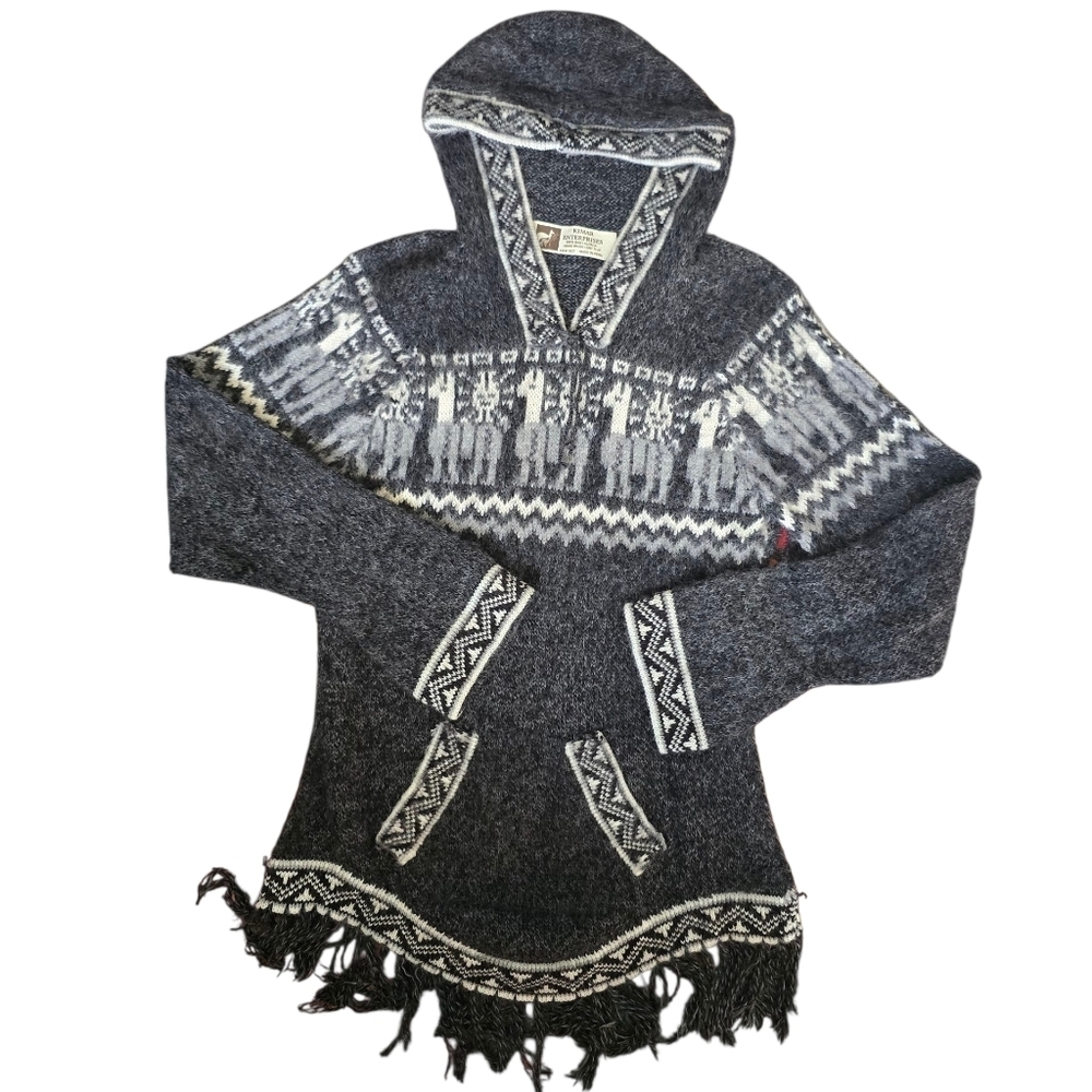 Kimar Enterprises 100% Baby Alpaca Hooded Sweater Gray Fringe S
